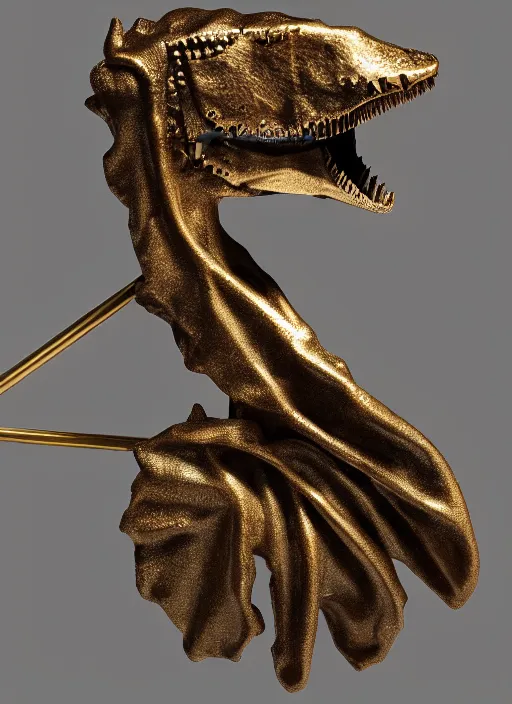 Image similar to bronze age Irish, gold cloak pin of a dinosaur, studio lighting, museum display case