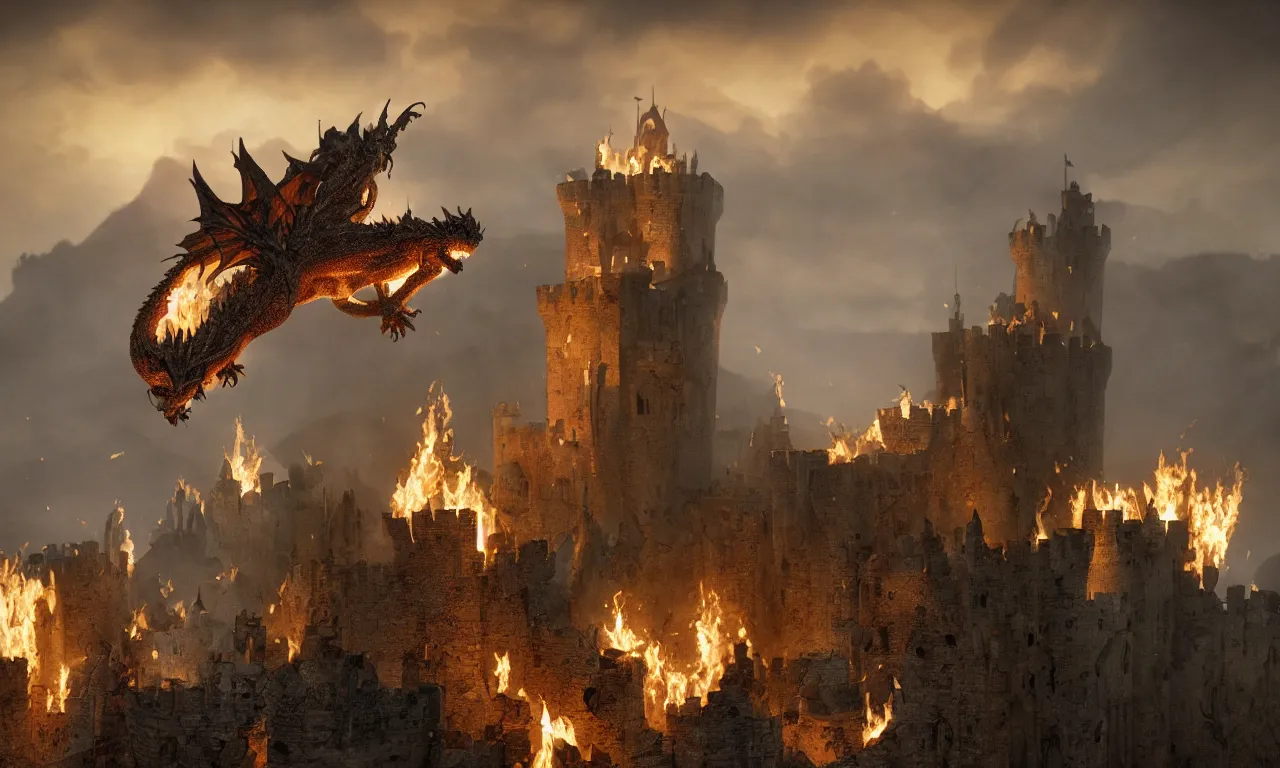 Prompt: A dragon burning down a medieval castle, stylized as a 3D render, Unreal engine, Unity 3D, ray tracing, Octane render, CryEngine, VRay, Houdini render, CGI, by Beeple, by Carl Gustav Carus, highly detailed, intricate, ultrafine detail, micro details, volumetric lighting, in the golden hour, dynamic lighting, dramatic lighting, colorful