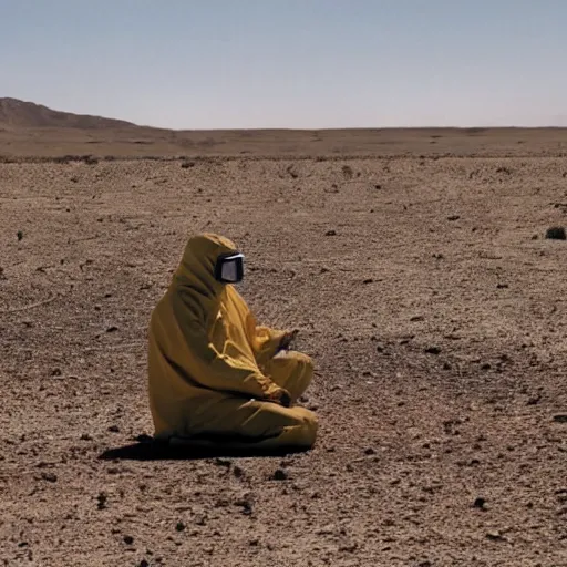 Image similar to a man wearing a hazmat suit and goggles, in the desert, film still, directed by vince gilligan