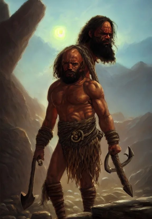 Image similar to a solitary randy savage with an anchor slung over his shoulder alone in a rocky desolate wasteland | portrait | hd 4 k | fantasy impressionist oil painting | middle earth | pathfinder | artstation | conan | darksun | d & d dungeons and dragons | barbarian