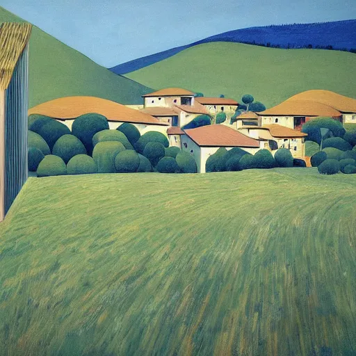 Image similar to solarpunk dreaming a toscana landscape with curious modern houses, painted by Alex Katz, highly detailed