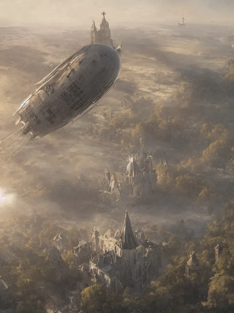 Image similar to a large dieselpunk airship is standing in the air over a splendid white church in russia, full morning sun, matte painting by greg rutkowski, craig mullins