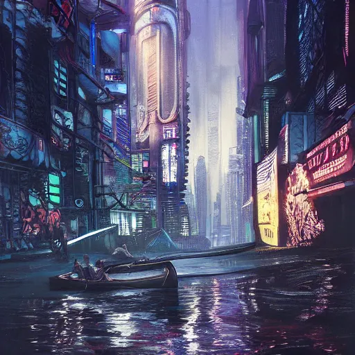 Prompt: detailed painting of a cyberpunk street with a river canoe, celestial ephemeral ornaments and hr giger architecture, artstation, greg crewdson, cinematic