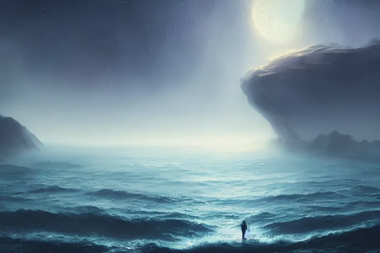 Image similar to cinematic painting by jessica rossier, darkness over a primordial ocean, in the beginning god created the heavens and the earth, now the earth was formless and empty, darkness was over the surface of the deep, and the spirit of god was hovering over the waters.