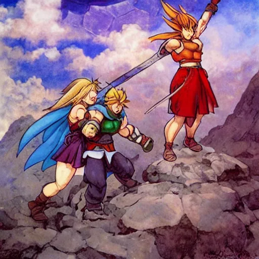 Image similar to crono stands atop a mountain of slain enemies as marle and ayla hug his legs, epic reimagining of chrono trigger by frank frazetta