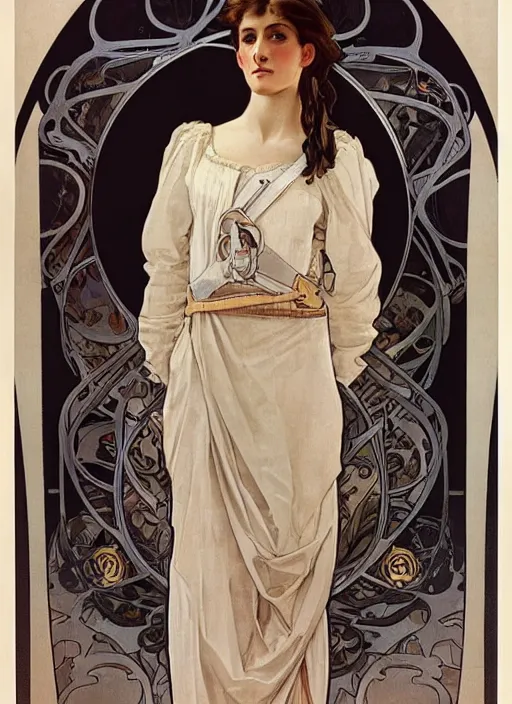 Prompt: a realistic portrait by alphonse mucha of a russian girl detailed features wearing a cargo wedding dress - sporty, sleek, tech utility - chic trend. lots of zippers, pockets, synthetic materials, jumpsuits chic'techno fashion trend by issey miyake and balenciaga
