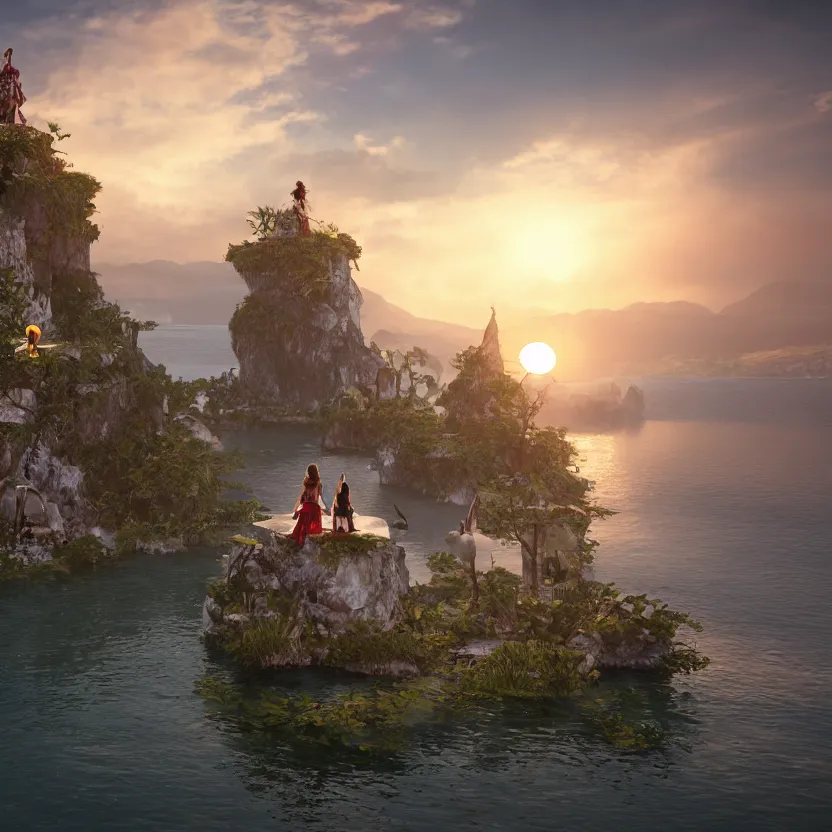 Image similar to unreal engine render, beautiful women on a floating island, detailed, cinematic, sunset, fantasy, 8 k, trending on artstation