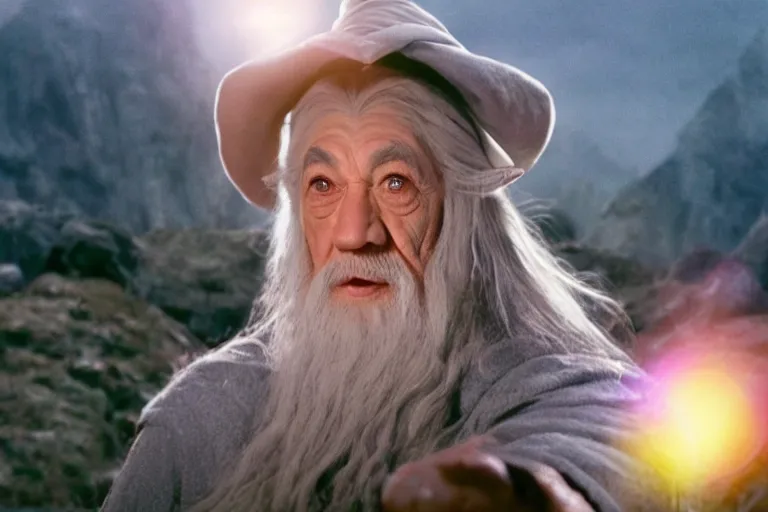 Image similar to portrait of Gandalf dressed up like hello kitty, smiling warmly, sunrise, movie still from Lord of the Rings, cinematic