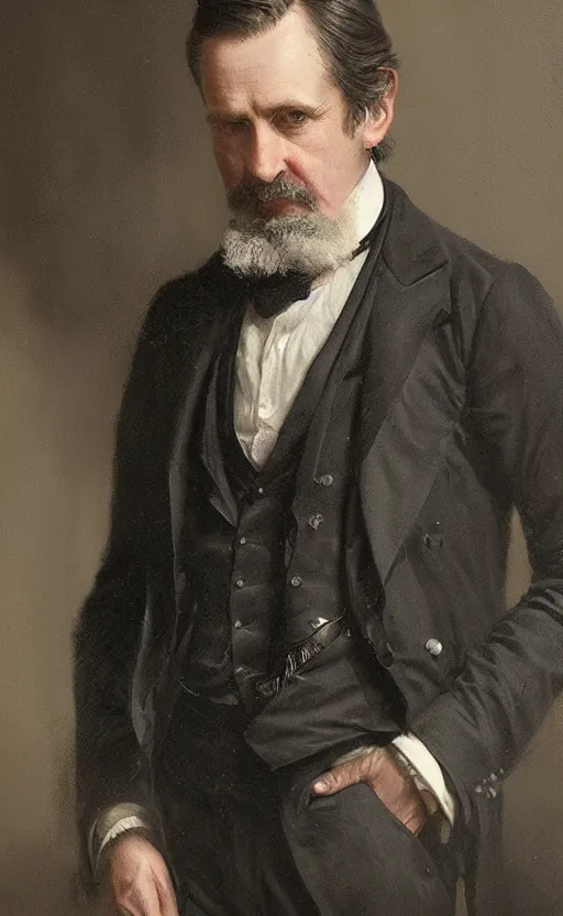 Prompt: Portrait of middle aged victorian gentleman wearing a waistcoat, male, detailed face, 19th century, highly detailed, cinematic lighting, digital art painting by greg rutkowski