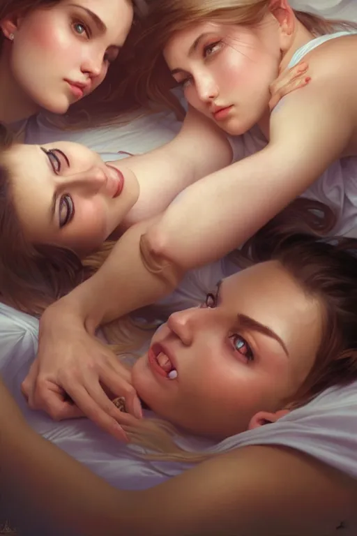 Image similar to two cute college girls rolling hard on ecstasy and glistening with sweat and intertwined on the bed with dilated pupils, realistic portrait, highly detailed, digital painting, artstation, concept art, smooth, sharp focus, illustration, cinematic lighting, art by artgerm and greg rutkowski and alphonse mucha