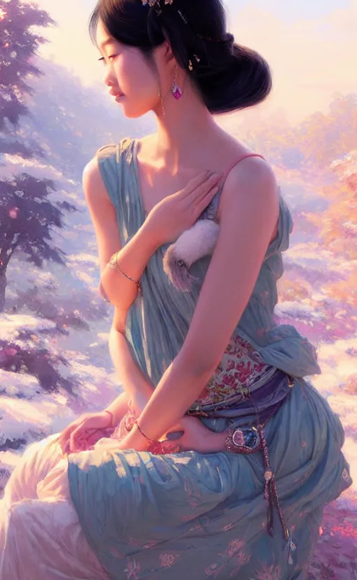 Image similar to a beautiful young charming asian goddess with sundress and jewelry | | winter, realistic shaded, unpleasant face, good looking, fine details, dior, lv, realistic shaded lighting poster by greg rutkowski, macoto takahashi, magali villeneuve, artgerm, jeremy lipkin and michael garmash