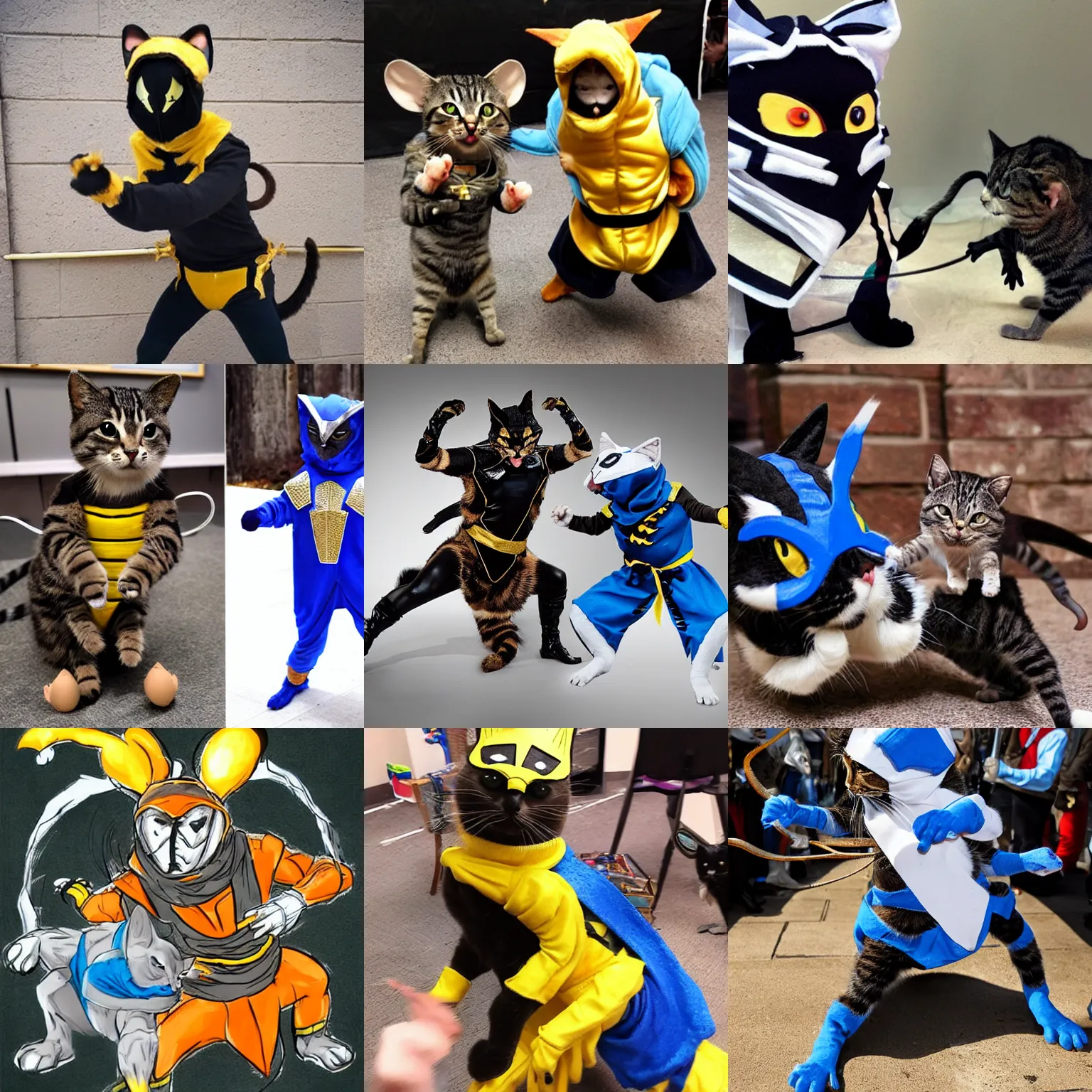 Prompt: cat dressed as scorpion fighting a mouse dressed as subzero from mortal kombat