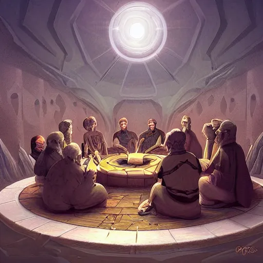 Image similar to a council of elders sitting in a circle, digital painting, fantasy art