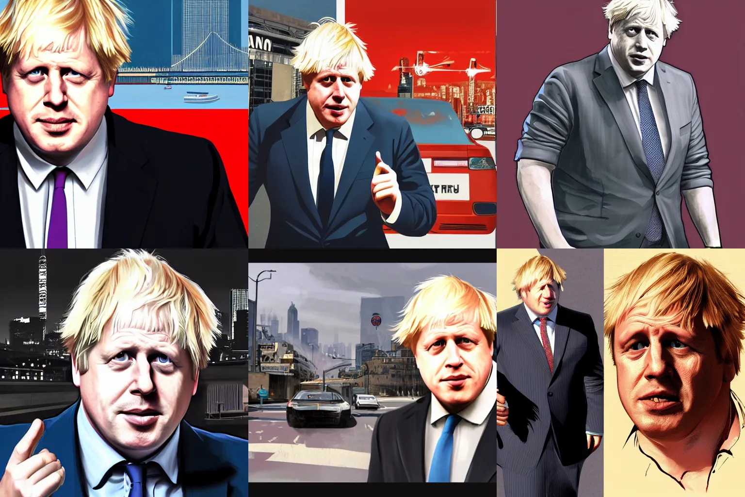 Prompt: Boris Johnson in a GTA 5 loading screen, concept art by Anthony McBain