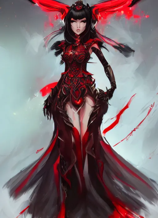 Image similar to a highly detailed illustration of beautiful long hime cut black hair woman wearing a red battle dress, red eyes, dramatic smile pose, intricate, elegant, highly detailed, centered, digital painting, artstation, concept art, smooth, sharp focus, league of legends concept art, WLOP
