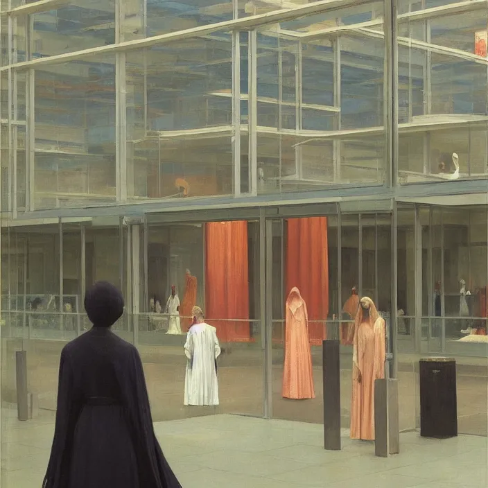 Image similar to woman in transparent robes, short skirt, in magnificent shopping mall, oil painting by edward hopper, zdislav beksinski, wayne barlowe