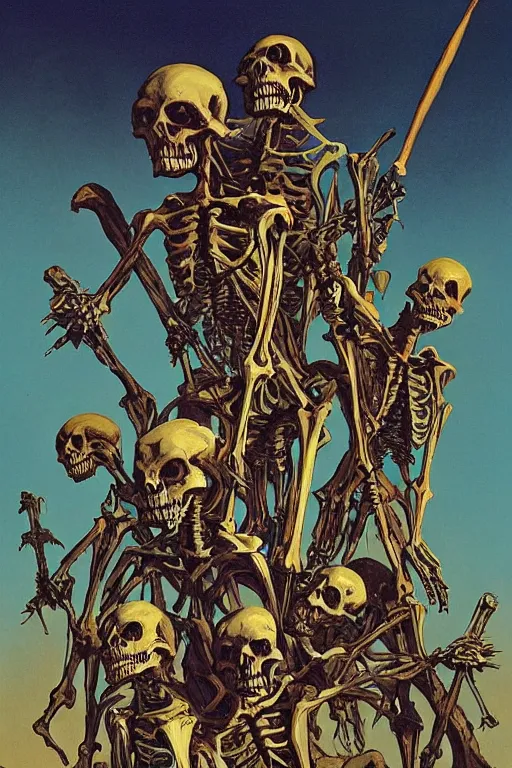 Image similar to the forsaken skeleton army of the dammed, painted by vaughn bode and joe jusko and chesley bonestell and gerald brom, trending on artstation, dramatic tan lighting first - person view studio ghibli, hdr, closeup, stuckism, manga