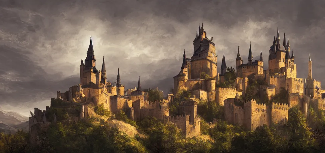 Image similar to castle with pointed spires, lourmarin, landscape, alex ross, eddie mendoza, raphael lacoste, sebastian ludke, concept art, matte painting, highly detailed, rule of thirds, dynamic lighting, cinematic, detailed, magnificiant landscape, denoised, centerd