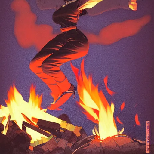 Prompt: a korean woman jumping over a campfire by ilya kuvshinov katsuhiro otomo