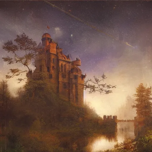 Image similar to a renaissance castle in a forest with a glowing night sky, upward angle, by ruan jia