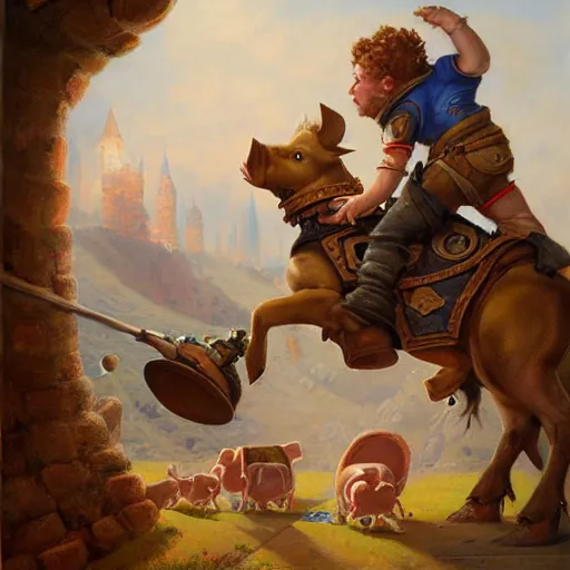 Image similar to trebuchet launching a pig, oil painting by justin gerard, deviantart