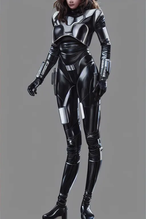 Image similar to full body photo of a gorgeous young woman wearing a sci-fi pilot outfit in the style of stefan kostic, realistic, sharp focus, 8k high definition, insanely detailed, intricate, elegant, art by stanley lau and artgerm