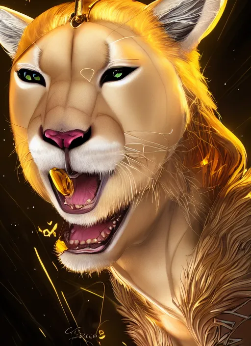 Image similar to award winning beautiful portrait commission of a male furry anthro albino mountain lion with a beautiful hyperdetailed attractive outfit and face wearing a gold and black rockstar outfit singing into a microphone on a stage. Character design by charlie bowater, ross tran, and makoto shinkai, detailed, inked, western comic book art