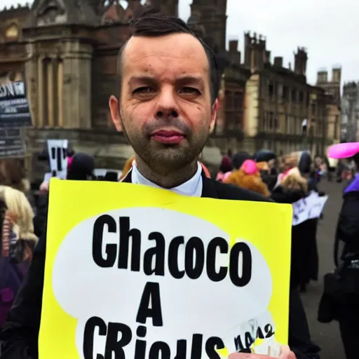 Prompt: Andrew Tate wearing Groucho classes at a women’s rights protest