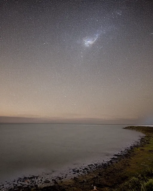 Prompt: perseid meteor shower over the giant's causeway, in the style of the dutch masters and gregory crewdson, dark and moody, depth of field