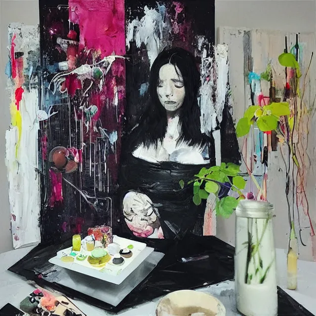 Image similar to “ a portrait in a female art student ’ s apartment, sensual, art supplies, paint tubes, palette knife, pigs, ikebana, herbs, a candle dripping white wax, black walls, squashed berries, berry juice drips, acrylic and spray paint and oilstick on canvas, surrealism, neoexpressionism ”