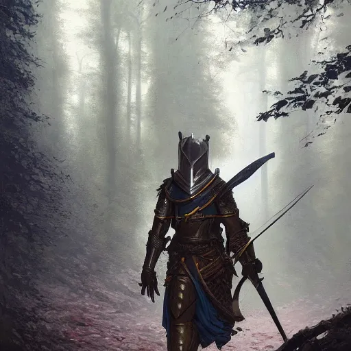 Prompt: a beautiful painting of a knight entering a mysterious forest by greg rutkowski and guido borelli, fantasy, trending on artstation
