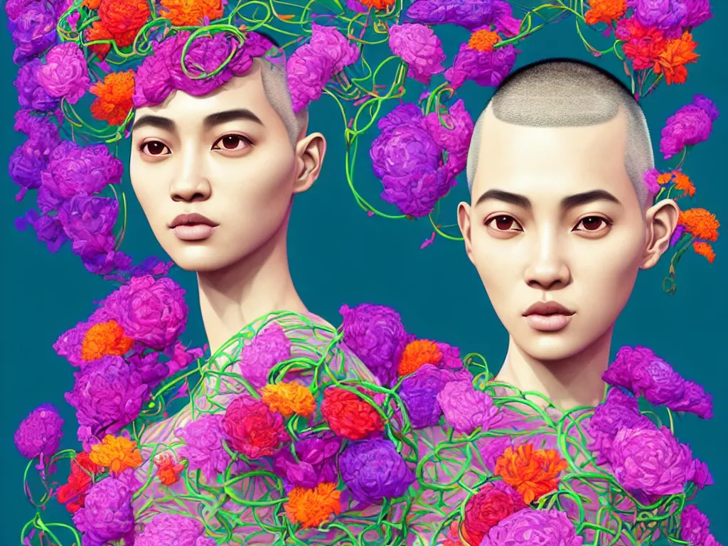 Prompt: colourful vfx art - portrait of south east asian female with buzz cut hair wrapped in flowers & vines, art by hsiao - ron cheng & james jean - presented as magazine collage style, volumetric light, colourful, sharp, detailed, digital painting, illustration, magazine collage, highly detailed, intricate detail, unreal engine, octane render, pinterest, behance, art station