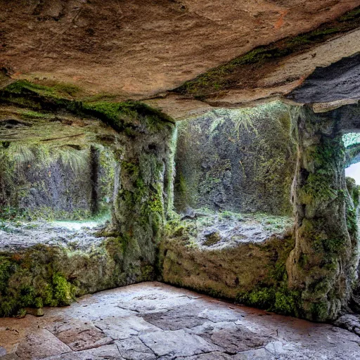 Prompt: abandoned ancient mossy angular rock interior, large open room, gentle blue and orange lighting, angular design