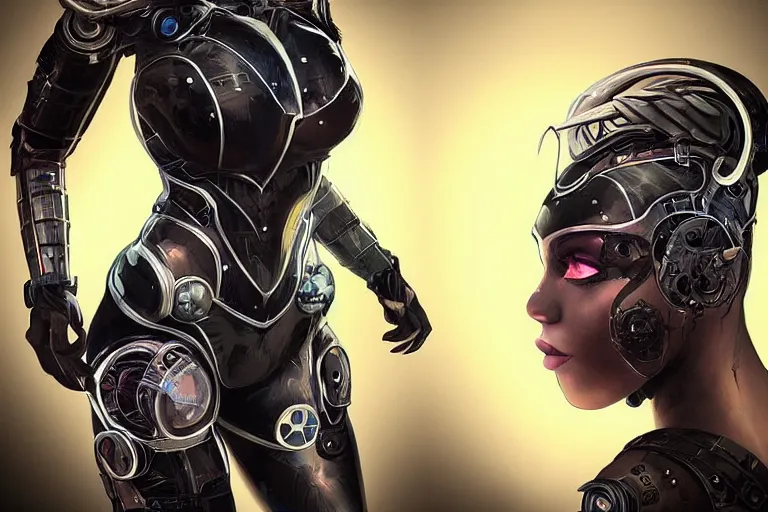 Prompt: “ a extremely detailed stunning portraits of solarpunk cyborg woman as black cat by allen william on artstation ”