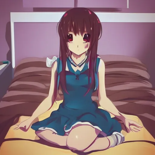 Image similar to “anime girl sitting in bedroom”