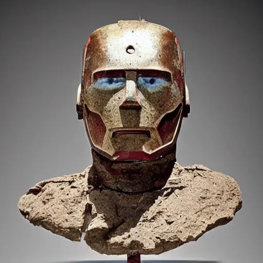 Image similar to an extremely ancient ironman bust that is tarnished and covered in sediment from uncovered earth expedition, rare photograph, smithsonian,