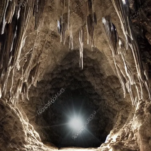 Prompt: large open chamber in a cave with crystalline stalactites and stalagmites, photorealistic,