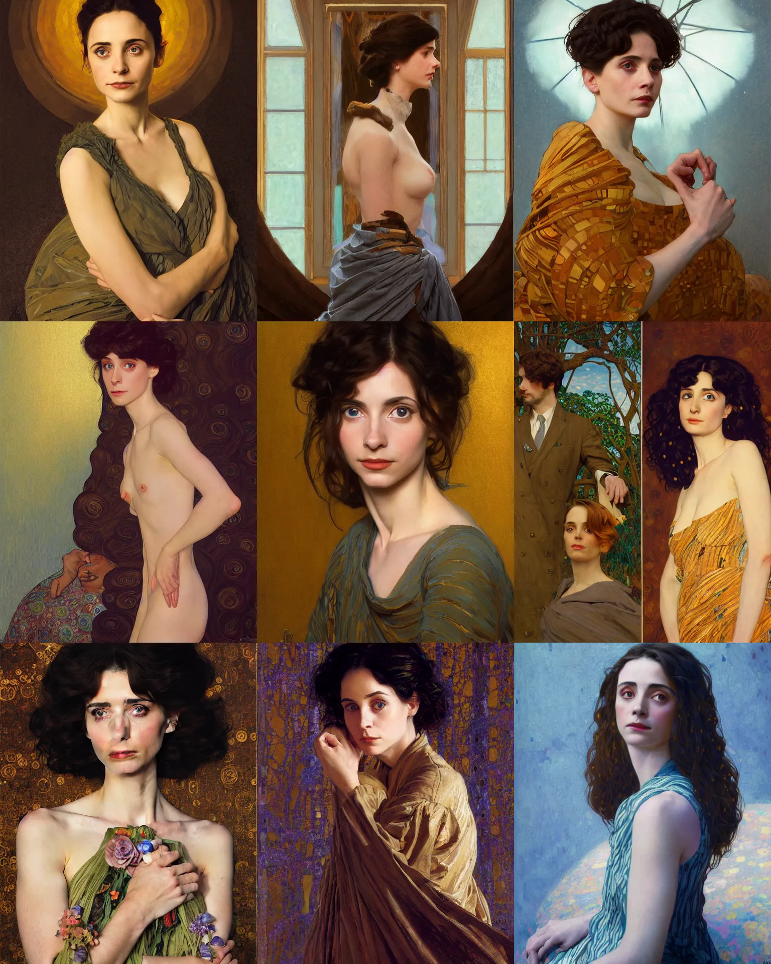 Prompt: sargent and leyendecker and greg hildebrandt gustav klimt highly profile portrait of a young laura fraser with long hairs, stephen bliss, unreal engine, fantasy art by greg rutkowski, loish, rhads, wooden background, makoto shinkai, ilya kuvshinov, rossdraws, alphonse mucha, radiant light, detailed and intricate environment