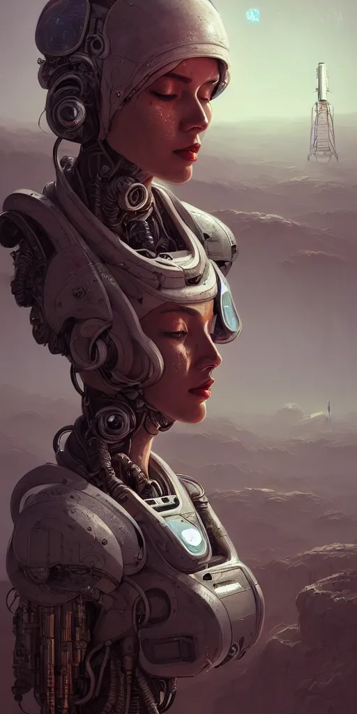 Image similar to ultra realistic style illustration, beautiful alluring nasa cyborg in an apocalyptic wasteland, gorgeous face, cyberpunk, sci - fi, fantasy, intricate, elegant, highly detailed, digital painting, artstation, concept art, smooth, sharp focus, illustration, art by mansik yang and rashed alakroka and simon stalenhag and wlop