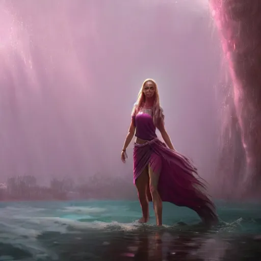 Image similar to an beautiful female survivor wearing a pink shirt, goddess, wet flowing hair, blurry backround, artstation, matte painting, made by greg rutkowski, concept art, epic portrait, 8 k, insanely detailed,