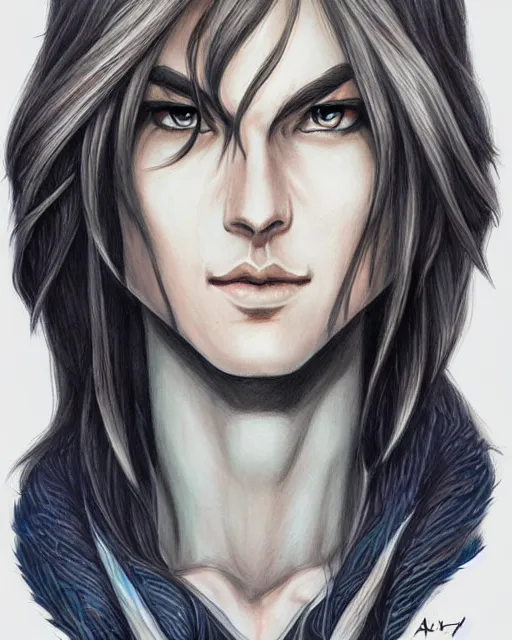 Image similar to multicolor drawing of elven boy mage with long black hair by artgerm city fantasy 4 k ultra high resolution