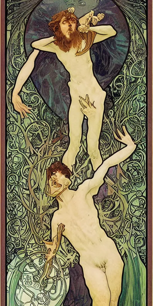 Prompt: A Pans Labyrinth Style Tarot Card of a narcissus by Alphonse Mucha and Martin Scorsese, Demonic, Diorama, CGSociety