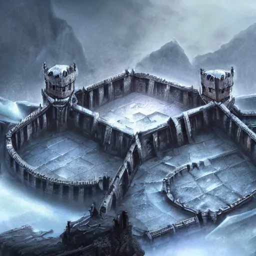 Image similar to fantasy concept art, walled city built into a labyrinth, icy mountains nearby, 8k, high detail