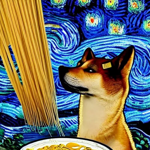 Image similar to shiba inu eating noodles in style of van gogh's starry night