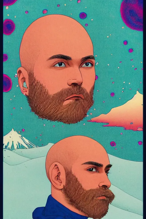 Image similar to a colorful closeup portrait of a young bald man with a wild beard dreaming psychedelic hallucinations while taking lsd blotter acid in the vast icy landscape of antarctica, by kawase hasui, moebius and edward hopper, colorful flat surreal design, hd, 8 k, artstation