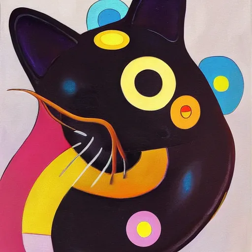 Prompt: an abstract oil painting of a cute fat black cat sleeping in the style of takashi murakami