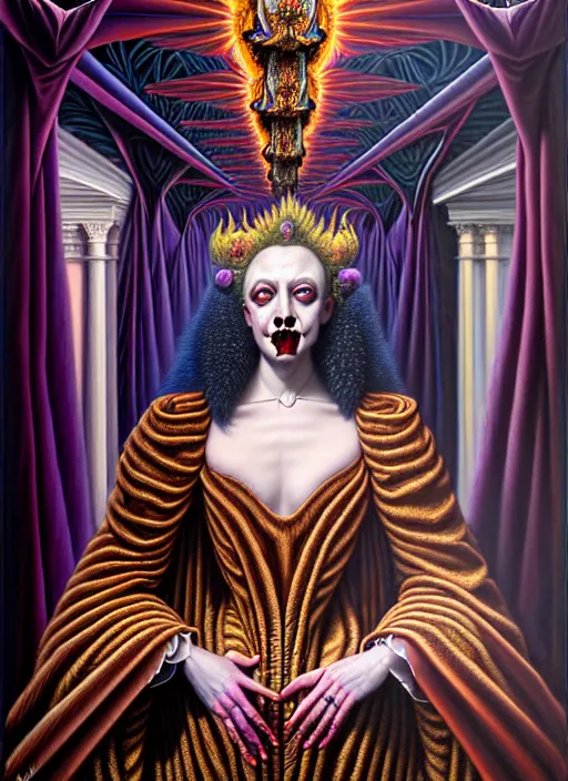 Image similar to beautiful oil painting, full length portrait of vampire dauphinois in baroque coronation robes 1 7 0 1, dan mumford, dan mumford, alex grey, hyacinthe rigaurd, highly detailed, lsd visuals, dmt fractal patterns, visionary art, psychedelic art, ornate, vaporwave, baroque, greg rutkowski