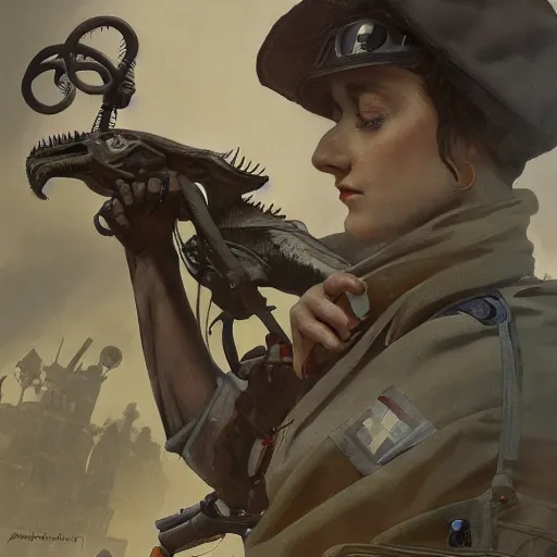 Prompt: a detailed matte painting of a cyborg velociraptor french resistance fighter wearing a beret, in nazi occupied france, 8 k, artstation, art by greg rutkowski and alphonse mucha