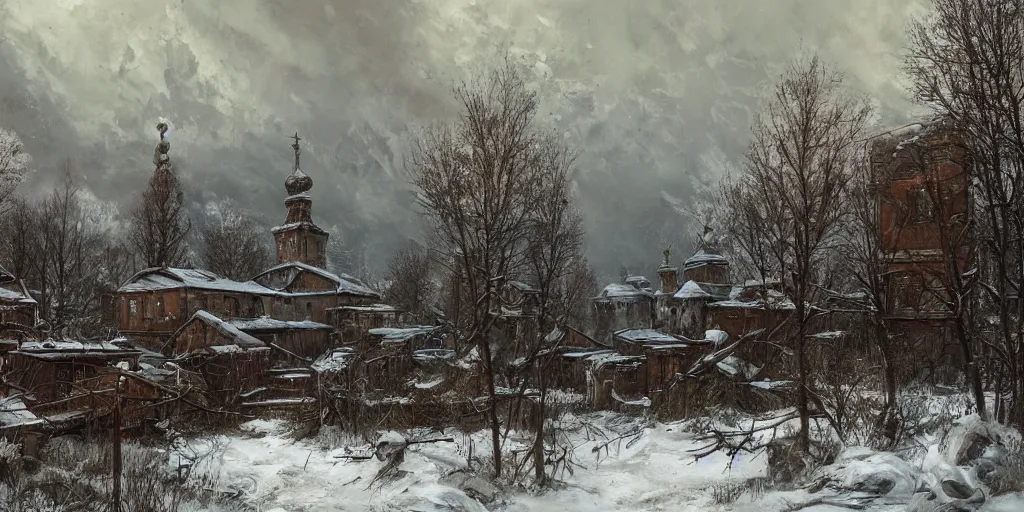 Image similar to An abandoned russian village as concept art for Metro Exodus, winter season, abandoned, ruined buildings, oil painting, painting by Viktor Vasnetsov, concept art, fantasy cityscape, Russian architecture, painting by Ivan Shishkin, hyperborea, high resolution, trending on artstation,