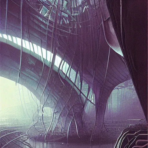 Image similar to epic alien jungle by zdzisław beksinski, greg rutkowski inside a giant futuristic factory by zaha hadid